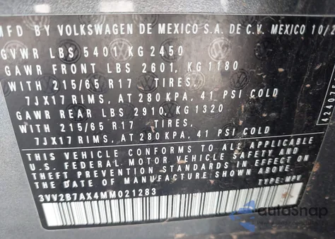 2021 Volkswagen Tiguan 2.0T Se/2.0T Se R-Line Black/2.0T Sel z USA, uszkodzony, nr VIN 3VV2B7AX4MM021283